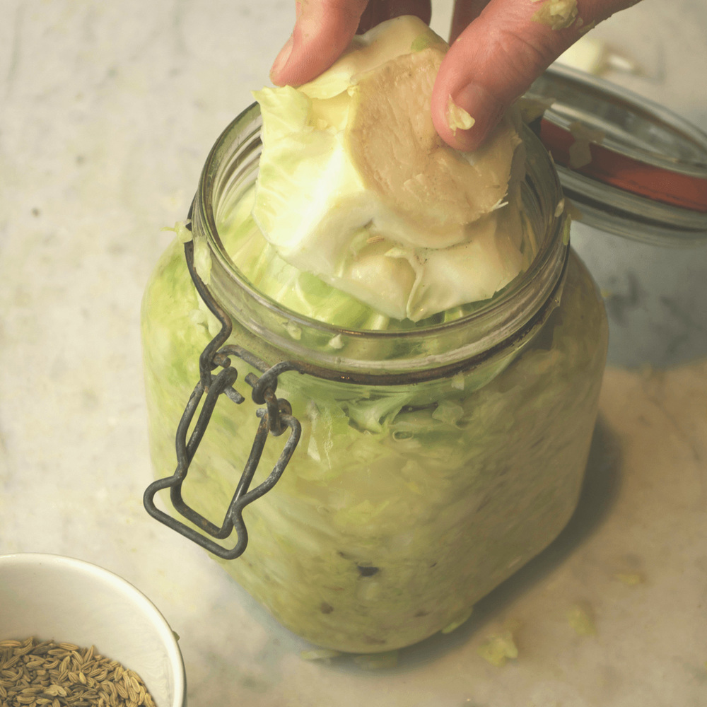 Place the end of the cabbage you saved to fit the mouth of the jar and add this as a second stopper. Put the jar lid on.